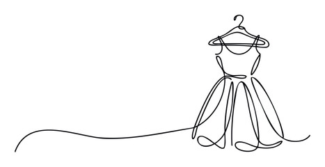 Elegant single line drawing of a flowing dress on a hanger, perfect for fashion editorial, boutique branding, or style inspiration visuals.