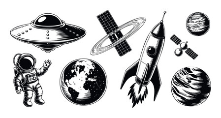 A collection of spacethemed objects including planets, a rocket, a UFO, a satellite, and an astronaut, perfect for science fiction and cosmic exploration projects.