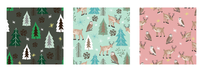 Winter woodland wildlife seamless vector pattern set collection