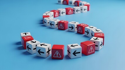 S shape arrangement of warning and arrow dice on blue background for risk management and direction concept