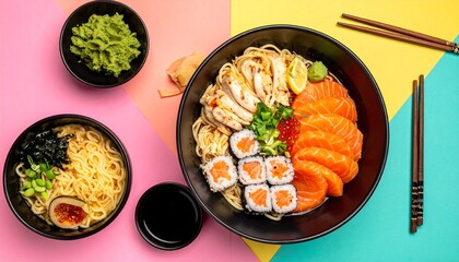 Colorful Japanese ramen and sushi bowl assortment on vibrant pastel background
