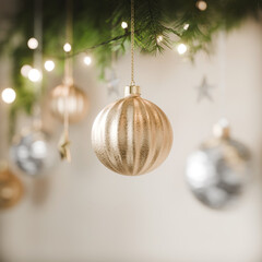 Elegant Gold Christmas Bauble Hanging on Fir Branch with Warm Fairy Lights – Festive Holiday Decoration Background
