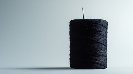 A spool of dark thread with a needle stuck into the top, presented on a plain backdrop with subtle lighting. The sewing tools make an intriguing image on plain background.