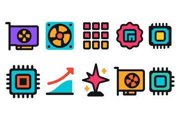 Technology, computing filled icon set. Circuit, chip, graphics card icons filled collection