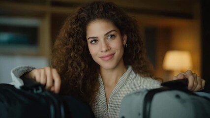 A woman packing her belongings into two small suitcases, sacrificing stability to leave a toxic environment, determination visible in her eyes — emotional courage, new beginnings, and personal