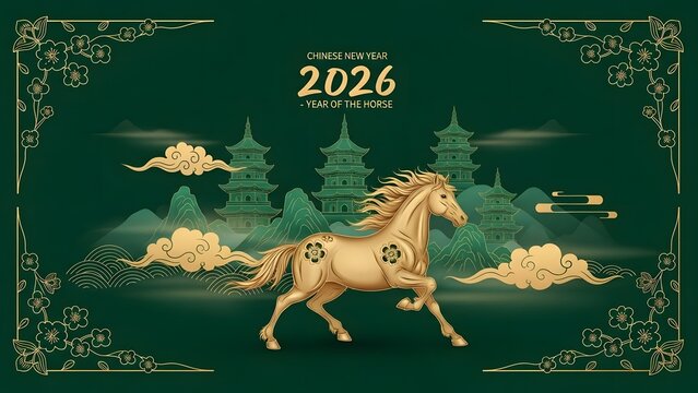Chinese new year 2026 year of the horse golden horse with pagodas and clouds on green background