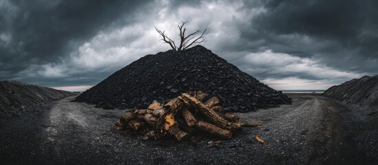 Dramatic landscape large coal pile with a dead tree, logs, paths, ominous sky