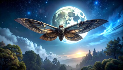 Moth soars across a dreamy landscape against a radiant full moon and starry night sky