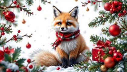 high resolution isolated object on pure white background featuring a christmas themed arctic fox with unique seasonal styling, distinct textures, and imaginative festive detailing..