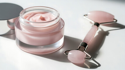 A pink facial cream in a jar and a rose quartz roller on a white surface, bathed in soft natural light.