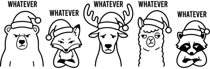 Fototapeta premium Funny anti-Christmas concept with grumpy animals wearing Santa hats saying whatever including bear fox deer llama and raccoon black vector art