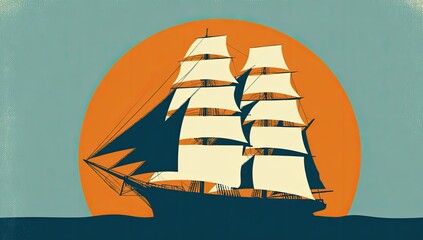 A vintage-style illustration of a sailing ship silhouetted against a large orange sunset