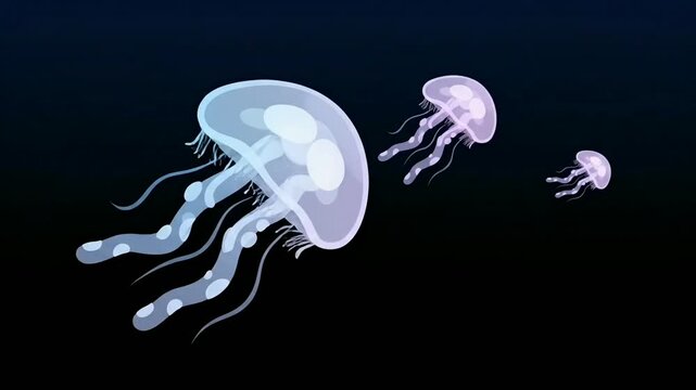 Glowing Jellyfish Swimming Gracefully in Deep Dark Ocean Water