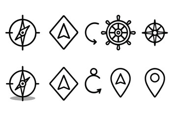 Navigation and location line icon set for maps and travel in outline style.