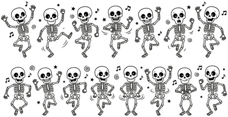 Collection of cute cartoon skeletons dancing and posing with musical notes for Halloween holiday celebration and spooky graphic design elements