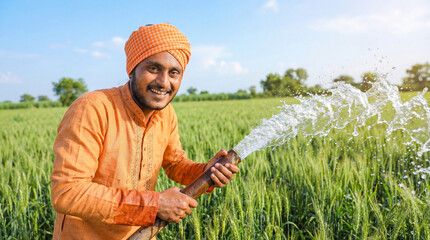 Smiling Indian farmer watering green wheat field with water hose