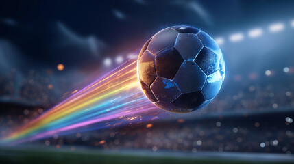Glowing soccer ball, flying through stadium, rainbow light trail, energy speed creativity, digital motion design, sports branding fantasy, dynamic visual display, defocused stadium