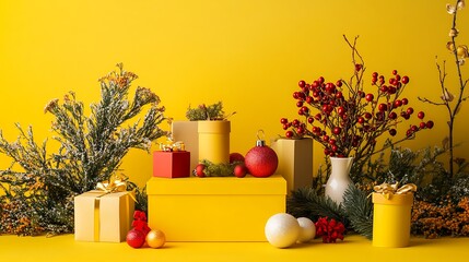 Elegant holiday box on vibrant yellow with decorative items