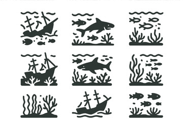 Dark silhouette icons of underwater life, marine animals, and sunken shipwrecks