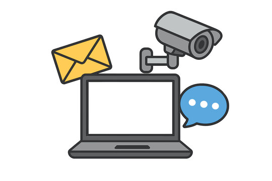 Digital security and communication symbols around laptop, surveillance camera, email, chat icon