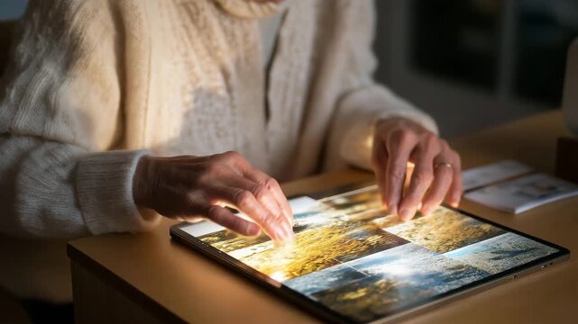 Close-up of wrinkled hands placing old photos beside a glowing tablet displaying the same images &mdash; an emotional fusion of memory and innovation, representing how technology helps preserve family