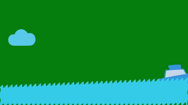 2D animation of a ship sailing across the sea with moving clouds in a green background