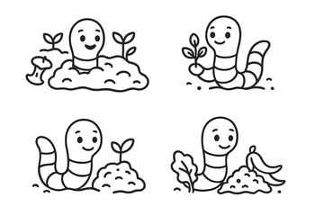 Fototapeta premium Adorable cartoon earthworms emerging from soil with sprouts and organic waste promoting composting
