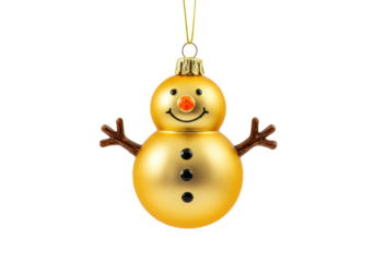 ultra-detailed, photorealistic reflective gold snowman ornament with orange nose and brown twig arms, isolated on transparent background, ideal for advertising. concept of high-end seasonal