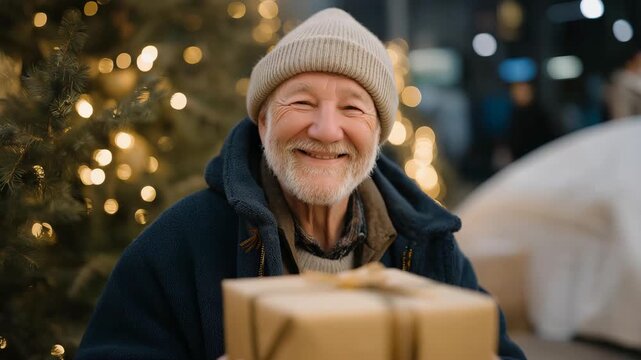 Elderly homeless man receiving a wrapped gift and smiling beside a glowing Christmas tree in a shelter &mdash; a deeply emotional and humanizing portrait of hope, dignity, and kindness amid hardship at