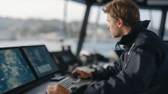 Engineers monitoring real-time pollution maps on a holographic dashboard aboard a research boat, tracking microplastics as autonomous drones skim the surface collecting debris &mdash; data-driven ocean
