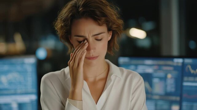 Female founder wiping tears while reviewing project dashboards, illuminated by glowing screens &mdash; symbolizing emotional investment in business outcomes, perseverance, resilience under pressure, and