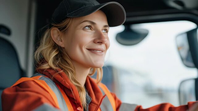 Female truck driver confidently reversing her semi-truck into a narrow loading dock &mdash; a bold, empowering image promoting gender diversity in the transportation sector and representing skill,