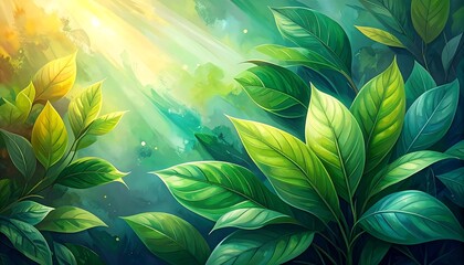 Lush, detailed, green foliage with sunlight shining through