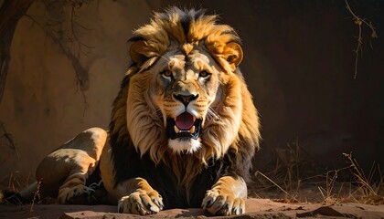 Majestic lion rests, eyes forward, mouth open, in the golden sunlight, blending with brown dirt and dry grass