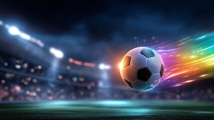 Glowing soccer ball, flying through stadium, rainbow light trail, energy speed creativity, digital motion design, sports branding fantasy, dynamic visuals display, defocused stadiu