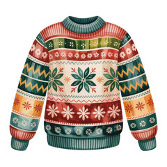 A vibrant sweater with intricate patterns in various colors is displayed
