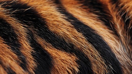 Close-up macro view of tiger fur showing natural orange and black striped pattern with detailed texture and individual hair strands for wildlife and nature projects.