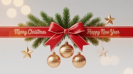 Modern Christmas social post with red ribbon, gold ornaments and snowy background, designed for festive digital content, holiday greetings and stylish online sharing.