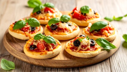 Mini pizzas, topped with tomato, olive and basil, on wood board on a wooden table, in warm light