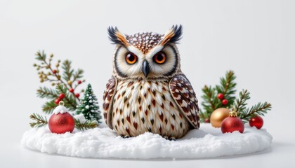 Obraz premium high resolution isolated object on pure white background featuring a christmas themed snowy owl with unique seasonal styling, distinct textures, and imaginative festive detailing..