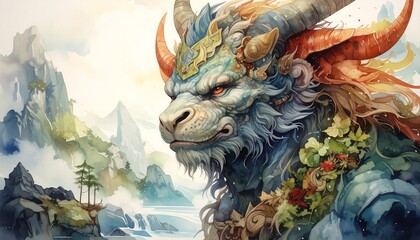 Mythical creature with spiral horns, standing majestic in mountainous landscape, depicted in watercolor style