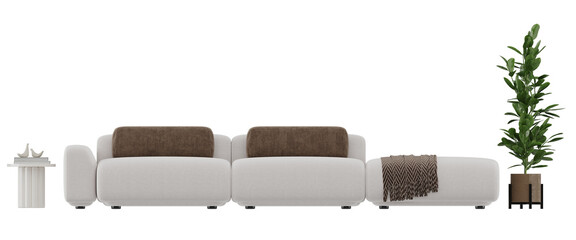 Modern Modular Sofa Set with Side Table, Coffee Table, and Indoor Plant &ndash; Front View &ndash; Neutral Living Room Furniture PNG Cutout for Interior Design and Architectural Visualization