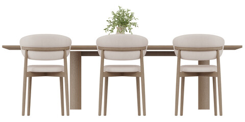 Minimalist Wooden Dining Table with Three Upholstered Chairs – Back View – Scandinavian Interior Furniture PNG Cutout for Architectural Visualization