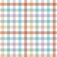 A seamless, repeating gingham check pattern features muted pastel colors including light blue, terracotta, lavender, and beige 