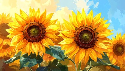 Painted vibrant yellow sunflowers bloom under a bright blue sky with soft, blurred edges and artistic brushstrokes