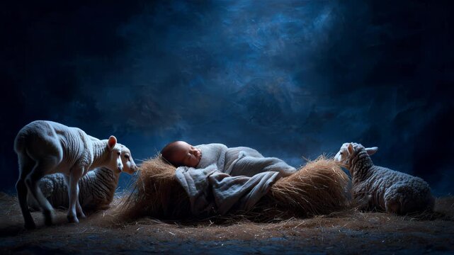 Baby Jesus rests on straw surrounded by sheep in a dimly lit scene capturing the nativity moment in a stable setting