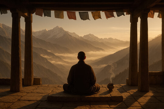 Monk meditating in mountain monastery at sunrise with prayer flags and misty valleys, spiritual mindfulness and Himalayan serenity. generative AI