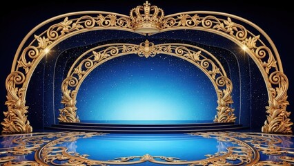 Ornamental circular golden frame enclosing a glowing blue stage