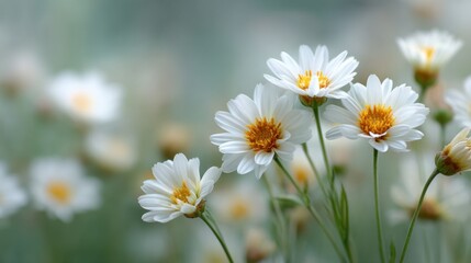 Beautiful close-up view of white daisies with yellow centers swaying gently in the breeze, showcasing nature's delicate charm and serene atmosphere