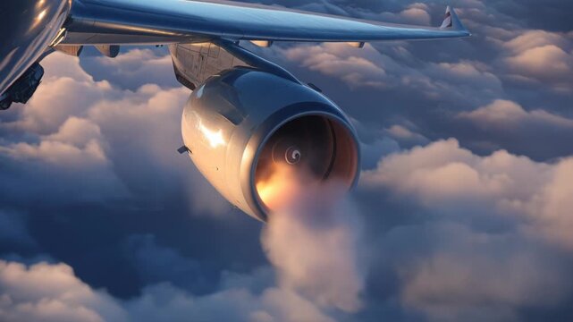 View of an airplane engine above the clouds during a flight